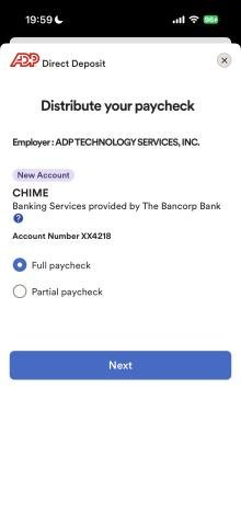 Distributing a paycheck to a Chime account